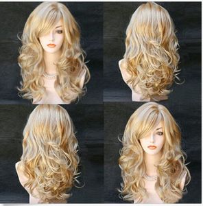 Perruques synthétiques 100% de haute qualité, perruques en dentelle avec image de mode pour femmes Sexy, longues et ondulées, synthétiques résistantes à la chaleur, perruques mixtes blondes