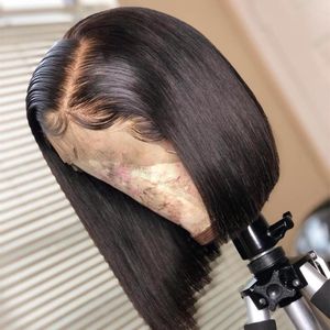 Parrucche sintetiche 12 pollici 180% Densità Bob corto Parrucca anteriore in pizzo diritto serico per le donne con i capelli del bambino Indossare quotidianamente Fibra Glueless