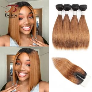 Perruques synthétiques 50 g/pc 4 paquets avec fermeture transparente 4x1 T dentelle partie centrale Ombre gingembre blond droit Remy cheveux humains court Bob Style 231211