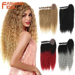 Perruques synthétiques Afro Kinky Curly Hair Bundles avec fermeture Ombre Blonde 30inch Soft Long Synthetic Weave 230227