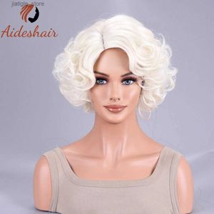 Perruques synthétiques Aideshair Blonde Blonde courte courte avec une frange attrayante Perruque complète pour les femmes et les filles Y240401