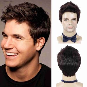 Perruques synthétiques BCHR Mens Brown Wigs Natural Eluffy Embouched Synthetic Hair Daily Halloween Wig For Men Male Y240401