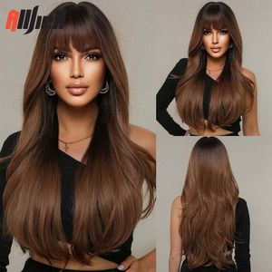 Black Brown Ombre Wig with Bangs for Women, Long Natural Wavy Synthetic Hair Wig for Daily Use and Cosplay