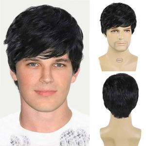 Perruques synthétiques Homme d'affaires noir hommes perruques cheveux courts perruques naturelles avec frange belle coupe de cheveux perruques noires pour hommes Halloween Costume perruque Cosplay 240318