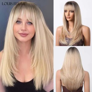 Pelucas sintéticas Pelucas de cosplay Pelucas sintéticas de raíces negras para mujeres Cabello liso rubio degradado con flequillo Peluca resistente al calor de longitud media Cosplay Uso diario 240329