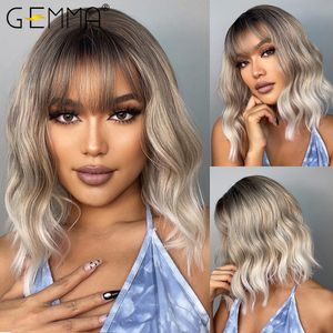 Perruques synthétiques GEMMA Bob cendré gris platine perruque avec frange pour les femmes noires onde courte naturel quotidien résistant à la chaleur cosplay cheveux 230314