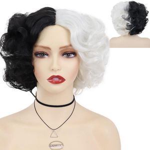 Perruques synthétiques GNIMEGIL De Vil Cosplay perruque moitié blanc noir court ondulé avec frange pour les femmes cheveux naturels résistants à la chaleur