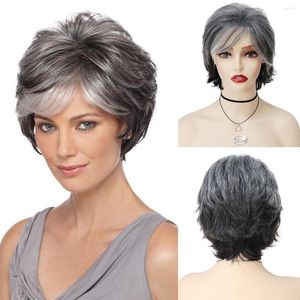 Pelucas sintéticas GNIMEGIL Ombre peluca gris con flequillo corto mamá para mujeres mayores señoras Natural elegante peinado Cosplay Halloween