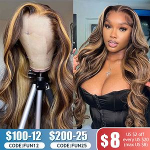 Synthetic Wigs Highlight Human Hair 13x4 Lace Frontal Colored For Women 30 Inch Honey Blonde Body Wave Front 230417