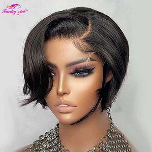 Pelucas sintéticas Pelucas de encaje Bob corto Corte Pixie Peluca Remy Recto Brasileño Cabello humano Venta Parte T Pelucas de encaje transparente Bob para mujeres negras Pre arrancadas 240328 240327