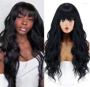 Perruques synthétiques Long Wig Black Wave avec frange HEATRESSISANT FIBRE COSPlay Femme Kend223218973