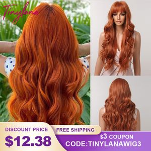 Perruques Synthétiques Orange Cuivre Rouge Jaune Longue Perruque Ondulée De Gingembre Avec Une Frange Pour Les Femmes Cosplay Naturel Vague De Corps Cheveux Résistant À La Chaleur 230314