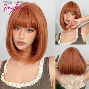 Pelucas sintéticas Jengibre naranja por Bob corto Pelucas de cabello sintético con flequillo Peluca linda lolita recta para mujeres Cosplay diario resistente al calor Q240115