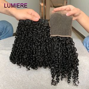 Perruques synthétiques Pixie Bouncy Curly Human Hair Weave 3/4 Bundle avec fermeture frontale Afro JerryKinky Curly Closure et Bundle Fumi Hair 231211