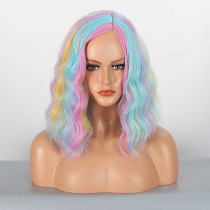 Pelucas sintéticas Peluca de arco iris Peluca de pelo Pelucas de pelo corto y rizado multicolor para mujer Diadema de fibra sintética colorida
