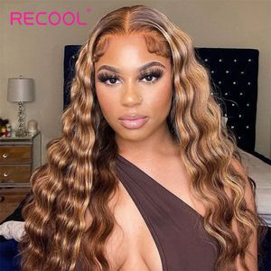 Perruques synthétiques Recool Highlight Loose Deep Lace Front Wig Brown Mix Blonde Couleur Cheveux Humains 230821