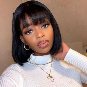 Perruques Synthétiques Court Bob Perruque de Cheveux Humains Avec Frange Fringe Full Machine Made Glueless Pour Les Femmes Noires Droite Vierge Brésilienne Pixie Cut 230818