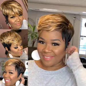 Perruques synthétiques WIGERA Highlight Short Straight Pixie Cut Hair Bob Wig Honey Gold Mix Black For Woman 230803