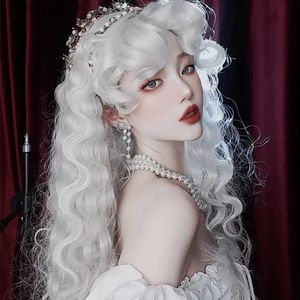 Perruques synthétiques WTB synthétique longue ondulée bouclée Cosplay perruque avec frange gris clair Lolita perruque femmes noël Cosplay résistant à la chaleur perruques femme Q240115