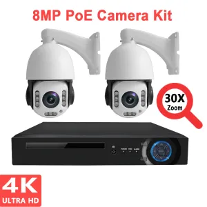Sistema 4K 8MP 30X POE IP PTZ Cámara de seguridad Kit NVR NVR 4K Speed Dome Camera NVR Video Vigilancia Kit con cables Adaptador