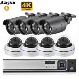 Sistema Azishn 4K Ultra HD 8MP Security Camera System H.265 Poe NVR Kit CCTV Outdoor Metal White Video Video Vigilancia Conjunto de cámara IP