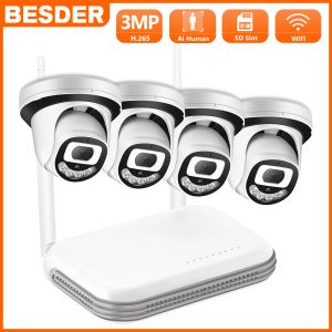 Système Besder 8ch Mini NVR équipé 3MP HD WiFi Camera HDD CCTV Kit de sécurité Détection du visage Ir Night Vision Video System Système