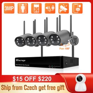 System Techage 3MP Video Sounveillance Camera Set H.265 8ch Wireless NVR Kit Twoway Audio Record Security Camera System Night Vision