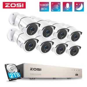 Sistema Zosi 1080p Sistema de seguridad de video de 8 canales con audio, 5MP Lite TVI CCTV DVR, cámaras de vigilancia de balas interiores de 8x 2MP al aire libre