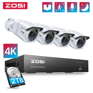 Système Zosi 4K 8CH POE VIDEO VIDEO SYSTEM SYSTÈME H.265 + NVR avec 2 To HDD IP67 Système de caméra de sécurité extérieure à l'épreuve des intempéries