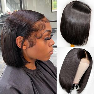 T Part Lace Front Bob perruque de cheveux humains pré plumé 13x1 Bob perruque courte brésilienne os droite perruques pour les femmes Remy pas cher cheveux humains