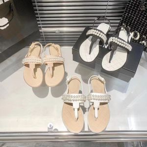 T Forme Sandales Femme Talon Plat Chaussures Designer Printemps Été Dimond Chaussures de Plage Haut Cuir Perle Tongs Sangle Arrière Boucle Extérieur Bord de Mer Sexy Noir Blanc Rose