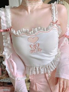 T-Shirt Rose Style Coréen Kawaii Lolita Vset Femmes Blanc Japonais Doux Mignon Débardeur Femme Bleu Dentelle Sexy France Princesse Crop Top Nouveau