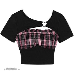 T-shirt Femmes noires Pink Plaid T-shirt Summer Sexy Top Y2k Girl Corée Fashion HARAJUKU One Pieces BodySuit Vintage Tee Cabille 2023