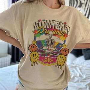 Camisetas Camiseta psicodélica con arte de esqueleto Retro de los años 70 para mujer, camiseta estética Vintage bohemia de manga corta de gran tamaño, Top de bruja, ropa Hippie