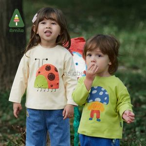 T-shirts Amila Baby T-shirt 2023 Printemps NOUVELLES MARCHES LONGES MIGLE CARTOON PRINT 100% Cotton Tops Tops Childrens Vêtements T-6 ans 240410