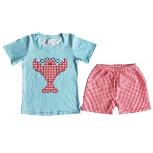 Camisetas Conjunto de ropa para bebés, camiseta negra con bordado de cangrejo, Top tipo túnica, pantalones cortos a cuadros, trajes para niños pequeños