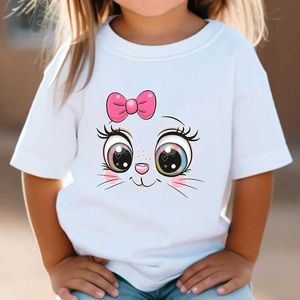 T-shirts Childrens T-shirt rose arc chaton fille d'été mignon dessin animé chat graphique blanc blanc à manches courtes sauvages