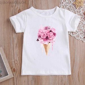 Camisetas Estampado de helado de flores Camisetas gráficas para niños Ropa para niñas pequeñas Camiseta de manga corta informal blanca Ropa de envío gratis AA230518
