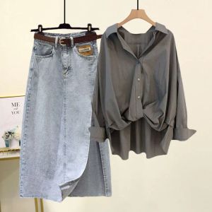 T-shirts SET Été pour femmes 2023 Chemise de relevé à manches longues Automne + jupe de jean à taille haute taille haute