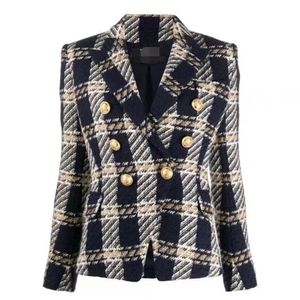 T65GG Trajes para mujer Blazers Característica Crop Blazer golden lion Traje de alto perfil CALIDAD Chaqueta de diseñador Botones de mujer Blazer de tweed de lana a cuadros con doble botonadura