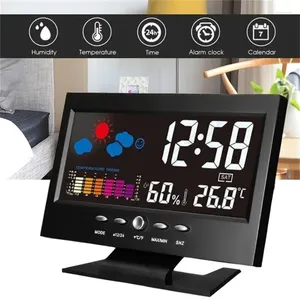 Relojes de mesa Pantalla LCD Retroiluminación digital Snooze Despertador Estación de pronóstico del tiempo Temperatura Humedad Fecha Visualización Decoración del hogar