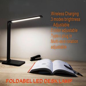 Lampes de table 3 modes de luminosité Lampe de bureau LED réglable Station de charge sans fil Lampe de lecture Type-C Prise USB Prise