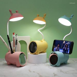 Lámparas de mesa Lámpara de asta creativa Portalápices Espejo de maquillaje LED Lectura Escritorio Interruptor táctil Carga USB Luz nocturna