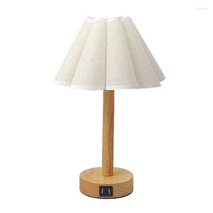 Lámparas de mesa estilo japonés para dormitorio, lámpara de escritorio de madera de lino ecológica Vintage con carga USB y bombilla LED Tricolor, luz de noche