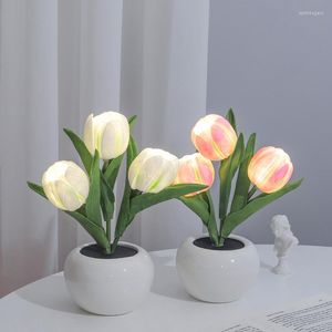 L￡mparas de mesa LED Tulip Tulip L￡mpara de escritorio Simulaci￳n de la decoraci￳n interior Atm￳sfera Atm￳sfera Noche Planta en maceta