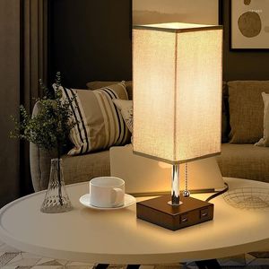Lampes de table lampe de chevet nordique tirant interrupteur bureau table de nuit avec 2 USB Charge abat-jour en lin pour la maison chambre décor éclairage