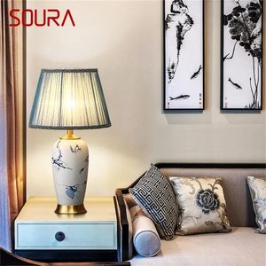 Lampes de table Soura Céramique Blue Brass Luxury Desk Light Tissu pour la maison de salle à manger du salon
