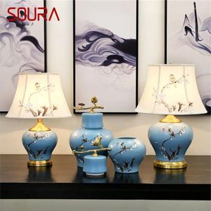 Lampes de table Soura Céramique Bleu Luxury Bird Brass Fabric Light Light Home Decorative for Living Room Dining Chadow