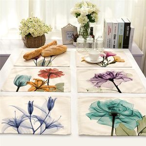 Tapetes de mesa de 32x42cm, mantel individual de tulipán azul y morado, mantel individual de lino y algodón, accesorios de cocina para taza de bebida