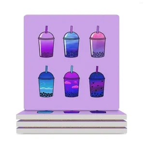 Esteras de mesa 6 piezas Pink Purple Blue Estética Boba Bobble Bubble Tea Drink Pack Coasters (Square) Pot Funny For Cups Set